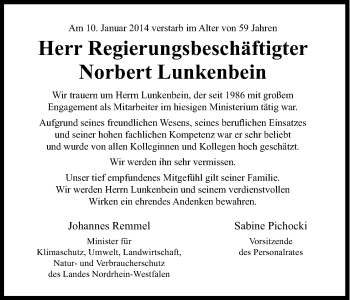 Anzeige von Norbert Lunkenbein von Kölner Stadt-Anzeiger / Kölnische Rundschau / Express