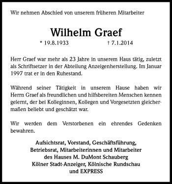 Anzeige von Wilhelm Graef von Kölner Stadt-Anzeiger / Kölnische Rundschau / Express
