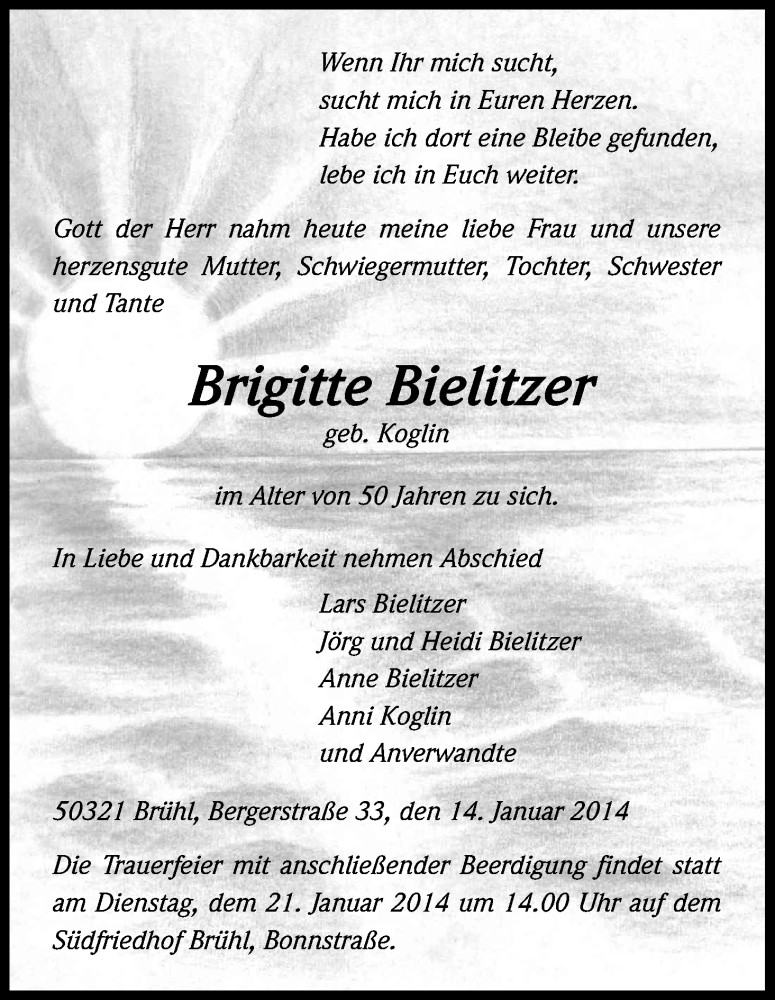  Traueranzeige für Brigitte Bielitzer vom 17.01.2014 aus Kölner Stadt-Anzeiger / Kölnische Rundschau / Express
