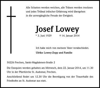 Anzeige von Josef Lowey von Kölner Stadt-Anzeiger / Kölnische Rundschau / Express