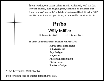 Anzeige von Willy Müller von Kölner Stadt-Anzeiger / Kölnische Rundschau / Express