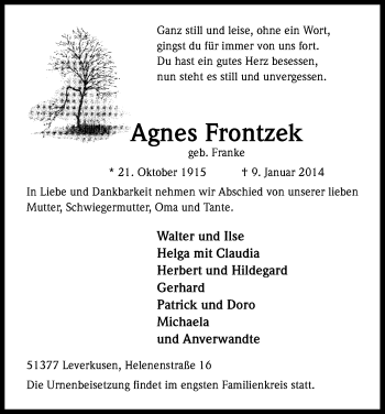 Anzeige von Agnes Frontzek von Kölner Stadt-Anzeiger / Kölnische Rundschau / Express