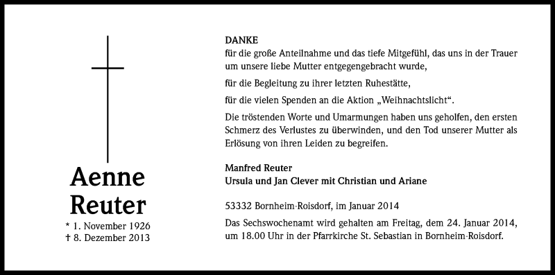  Traueranzeige für Aenne Reuter vom 18.01.2014 aus Kölner Stadt-Anzeiger / Kölnische Rundschau / Express