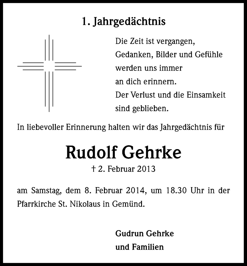  Traueranzeige für Rudolf Gehrke vom 01.02.2014 aus Kölner Stadt-Anzeiger / Kölnische Rundschau / Express