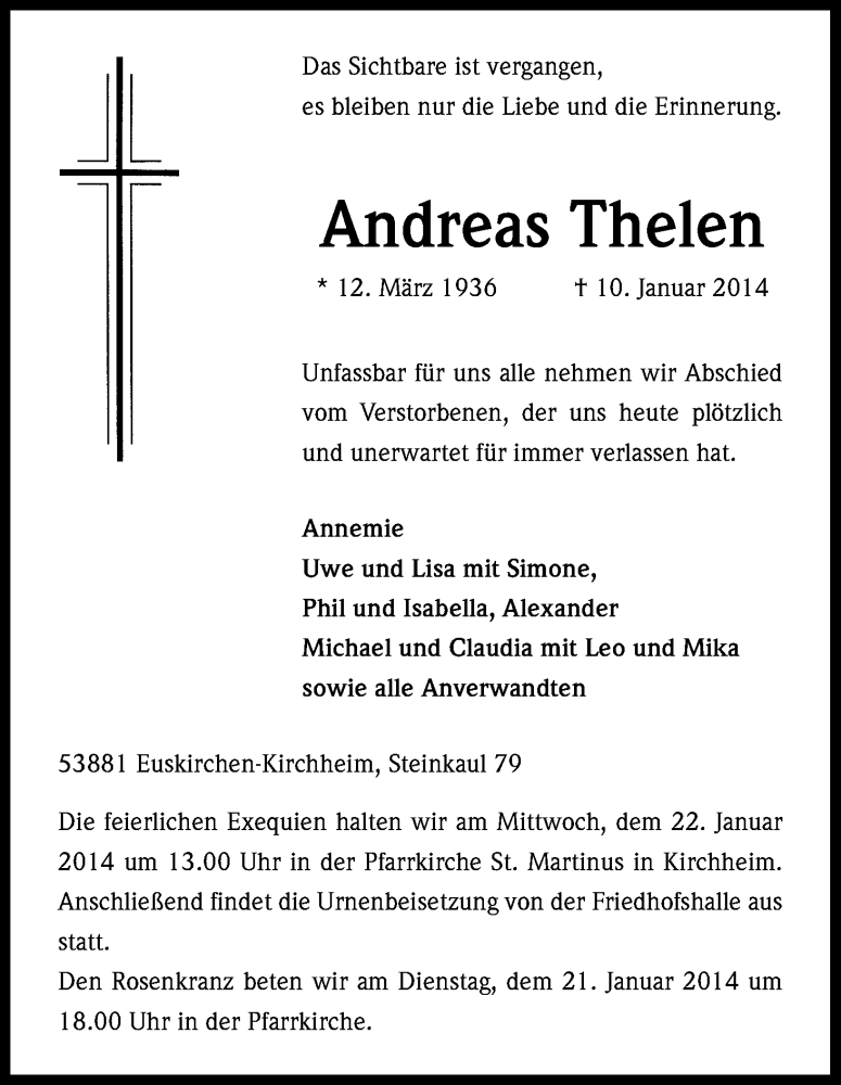  Traueranzeige für Andreas Thelen vom 17.01.2014 aus Kölner Stadt-Anzeiger / Kölnische Rundschau / Express