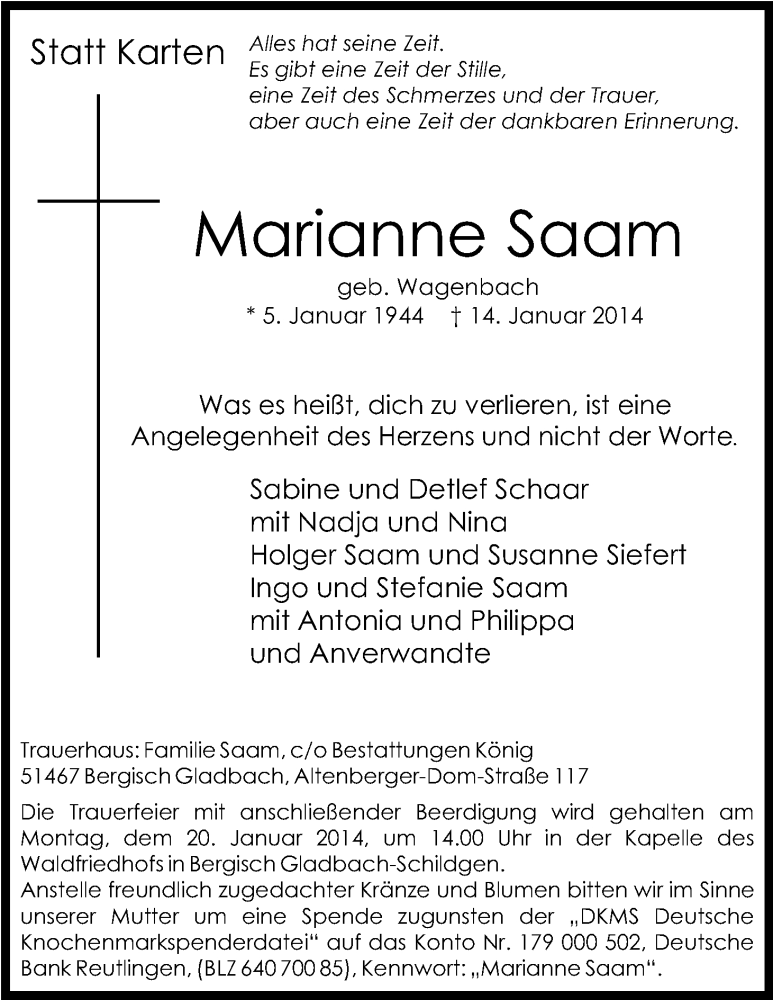  Traueranzeige für Marianne Saam vom 17.01.2014 aus Kölner Stadt-Anzeiger / Kölnische Rundschau / Express