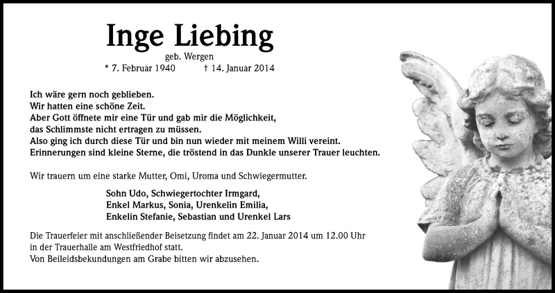  Traueranzeige für Inge Liebing vom 18.01.2014 aus Kölner Stadt-Anzeiger / Kölnische Rundschau / Express
