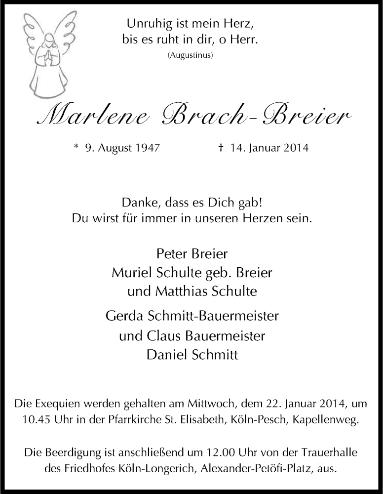  Traueranzeige für Marlene Brach-Breier vom 18.01.2014 aus Kölner Stadt-Anzeiger / Kölnische Rundschau / Express