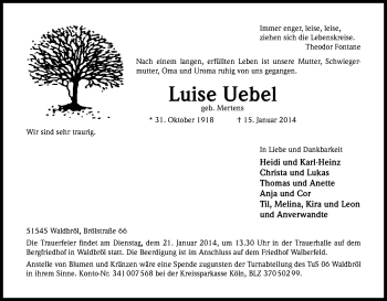 Anzeige von Luise Uebel von Kölner Stadt-Anzeiger / Kölnische Rundschau / Express