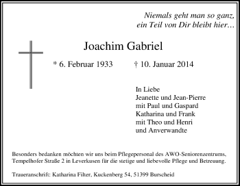Anzeige von Joachim Gabriel von Kölner Stadt-Anzeiger / Kölnische Rundschau / Express