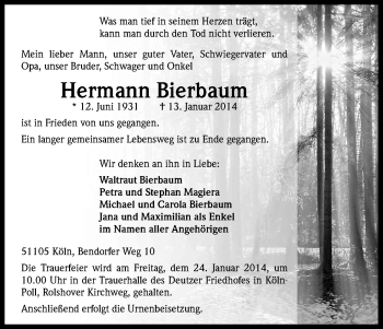 Anzeige von Hermann Bierbaum von Kölner Stadt-Anzeiger / Kölnische Rundschau / Express