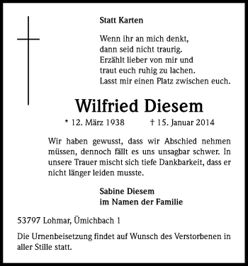 Anzeige von Wilfried Diesem von Kölner Stadt-Anzeiger / Kölnische Rundschau / Express