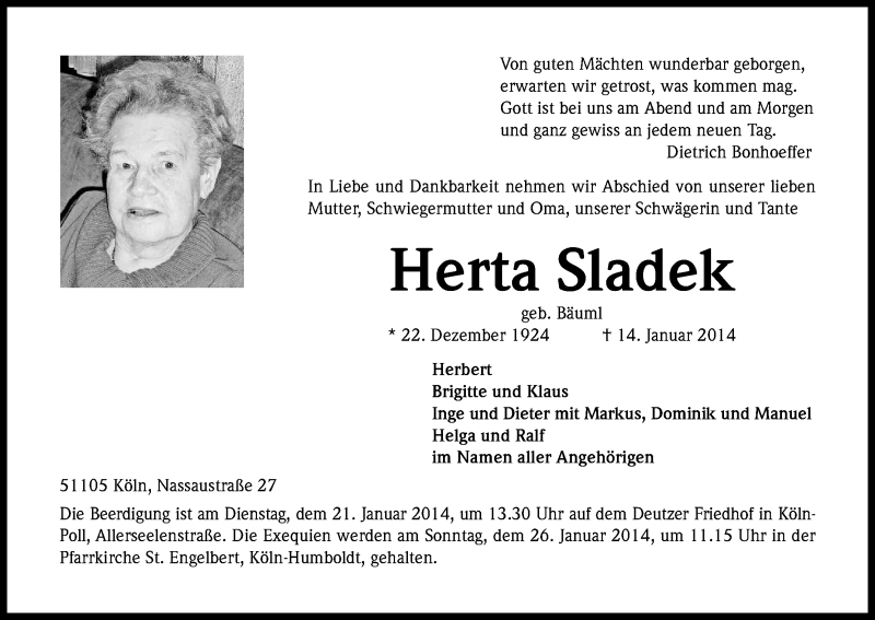  Traueranzeige für Herta Sladek vom 18.01.2014 aus Kölner Stadt-Anzeiger / Kölnische Rundschau / Express