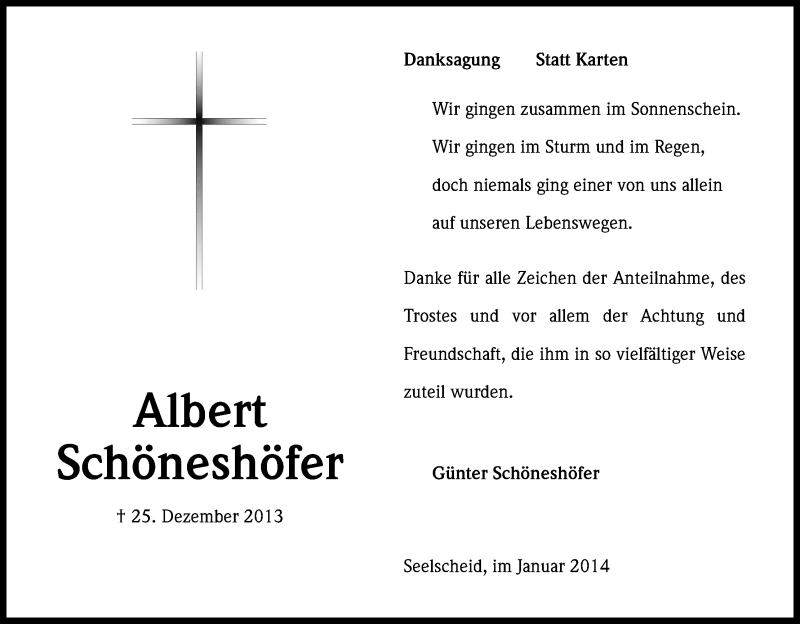  Traueranzeige für Albert Schöneshöfer vom 25.01.2014 aus Kölner Stadt-Anzeiger / Kölnische Rundschau / Express