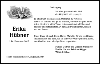 Anzeige von Erika Hübner von Kölner Stadt-Anzeiger / Kölnische Rundschau / Express