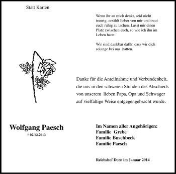 Anzeige von Wolfgang Paesch von Kölner Stadt-Anzeiger / Kölnische Rundschau / Express