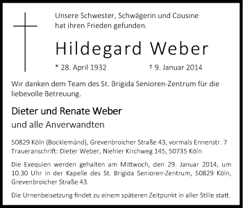 Anzeige von Hildegard Weber von Kölner Stadt-Anzeiger / Kölnische Rundschau / Express