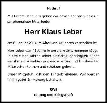 Anzeige von Klaus Leber von Kölner Stadt-Anzeiger / Kölnische Rundschau / Express