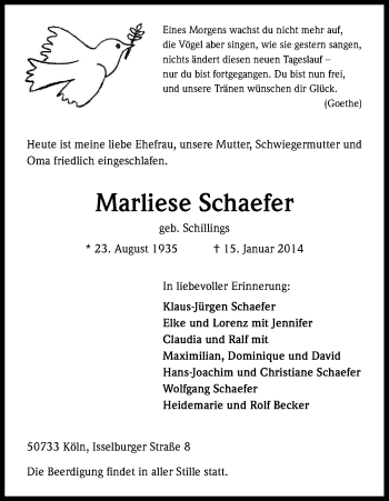 Anzeige von Marliese Schaefer von Kölner Stadt-Anzeiger / Kölnische Rundschau / Express