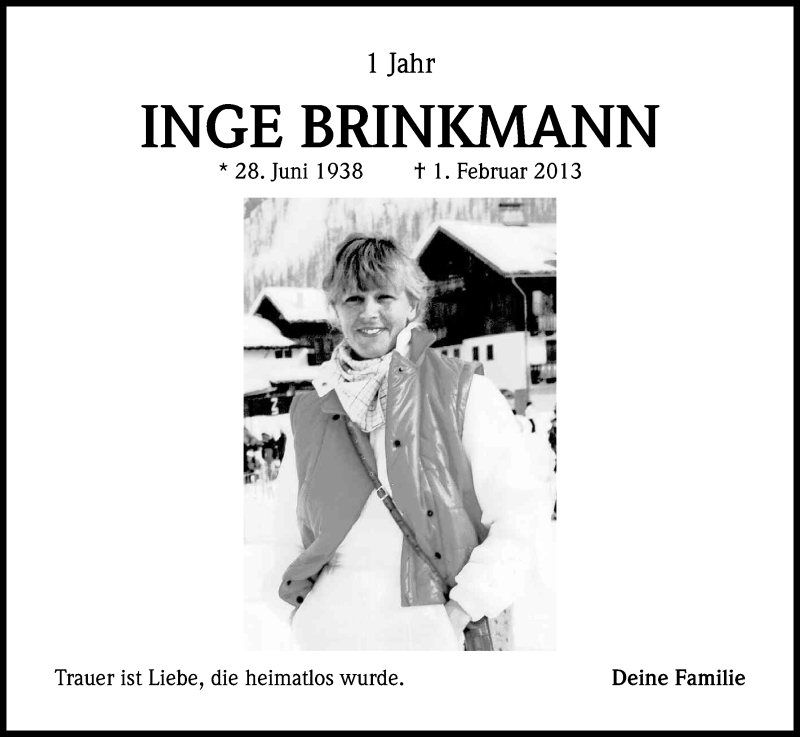  Traueranzeige für Inge Brinkmann vom 01.02.2014 aus Kölner Stadt-Anzeiger / Kölnische Rundschau / Express