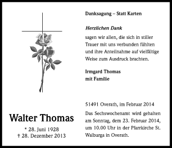 Anzeige von Walter Thomas von Kölner Stadt-Anzeiger / Kölnische Rundschau / Express