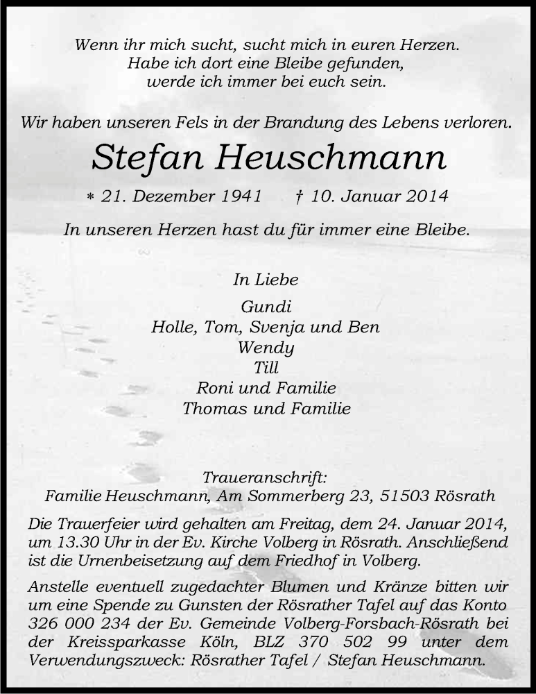  Traueranzeige für Stefan Heuschmann vom 18.01.2014 aus Kölner Stadt-Anzeiger / Kölnische Rundschau / Express