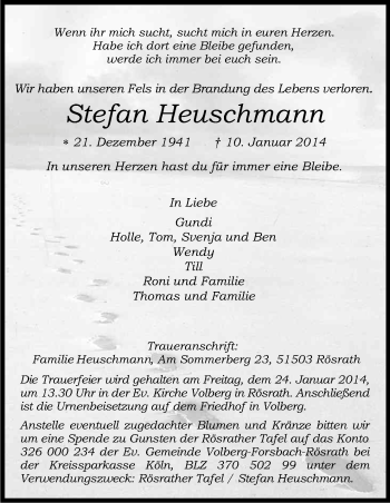 Anzeige von Stefan Heuschmann von Kölner Stadt-Anzeiger / Kölnische Rundschau / Express