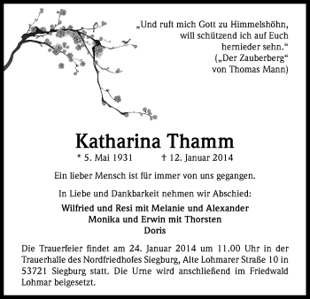 Anzeige von Katharina Thamm von Kölner Stadt-Anzeiger / Kölnische Rundschau / Express