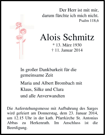 Anzeige von Alois Schmitz von Kölner Stadt-Anzeiger / Kölnische Rundschau / Express