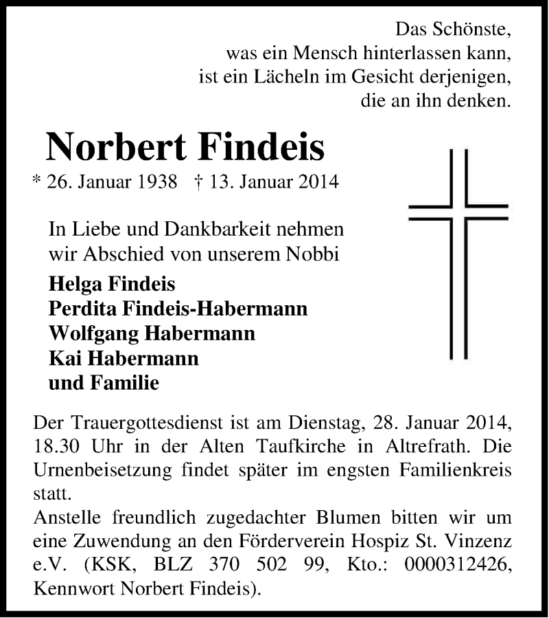  Traueranzeige für Norbert Findeis vom 18.01.2014 aus Kölner Stadt-Anzeiger / Kölnische Rundschau / Express