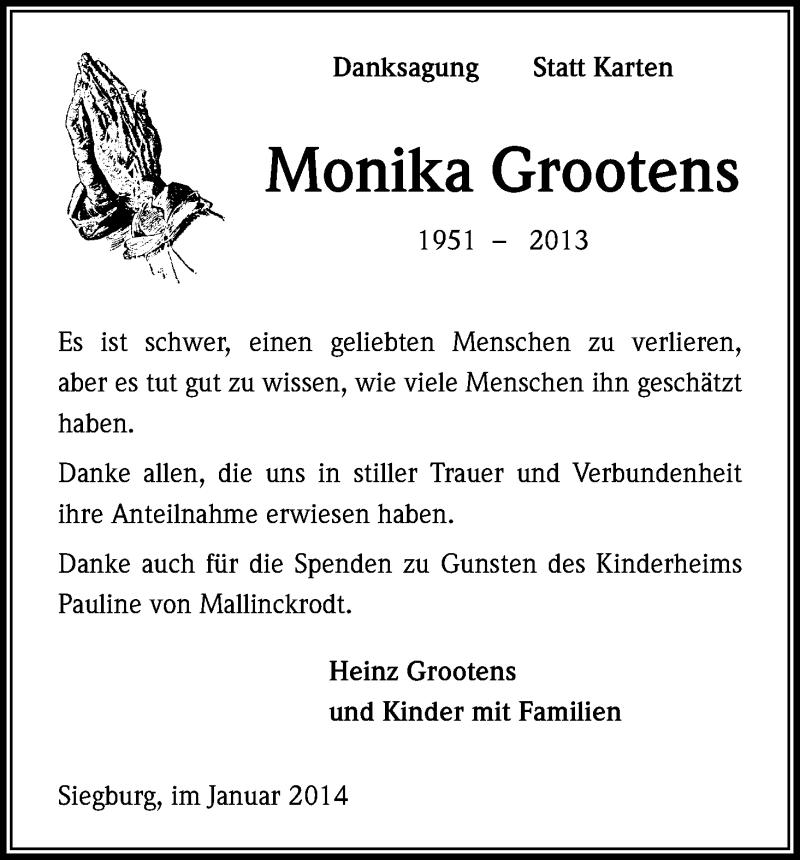  Traueranzeige für Monika Grootens vom 18.01.2014 aus Kölner Stadt-Anzeiger / Kölnische Rundschau / Express
