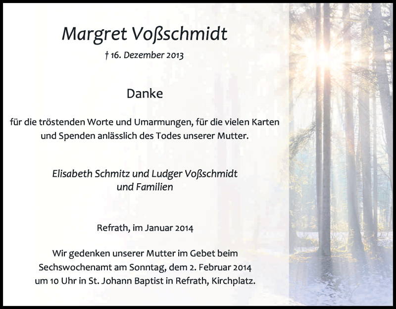  Traueranzeige für Margret Voßschmidt vom 18.01.2014 aus Kölner Stadt-Anzeiger / Kölnische Rundschau / Express