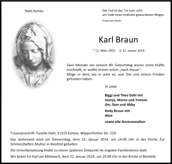 Anzeige von Karl Braun von Kölner Stadt-Anzeiger / Kölnische Rundschau / Express