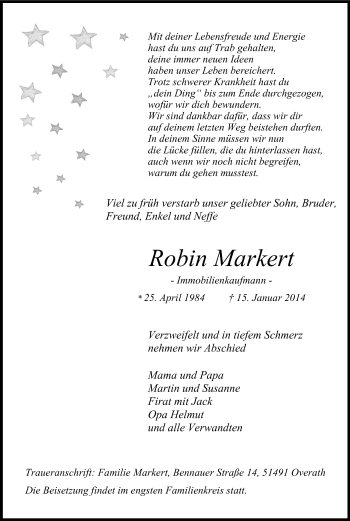 Anzeige von Robin Markert von Kölner Stadt-Anzeiger / Kölnische Rundschau / Express