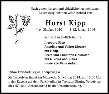 Anzeige von Horst Kipp von Kölner Stadt-Anzeiger / Kölnische Rundschau / Express