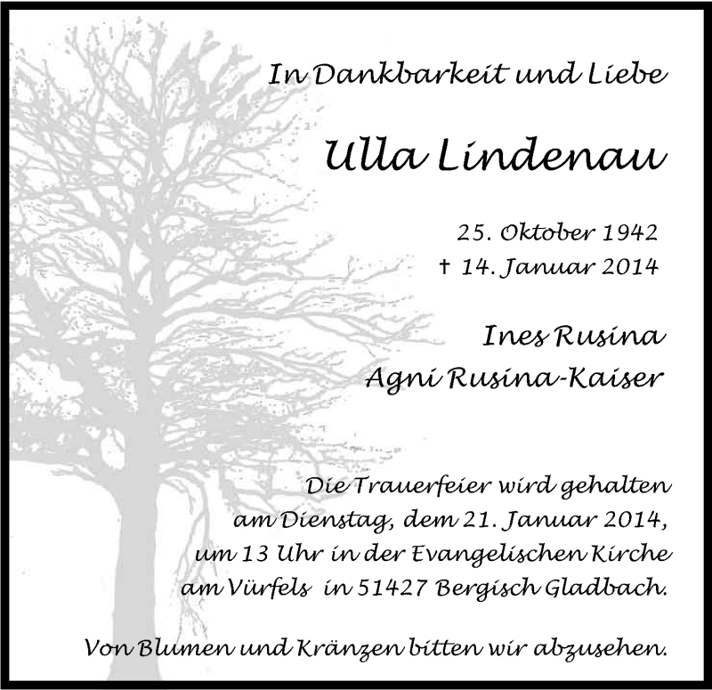  Traueranzeige für Ulla Lindenau vom 18.01.2014 aus Kölner Stadt-Anzeiger / Kölnische Rundschau / Express