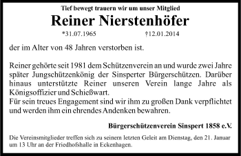 Anzeige von Reiner Nierstenhöfer von Kölner Stadt-Anzeiger / Kölnische Rundschau / Express
