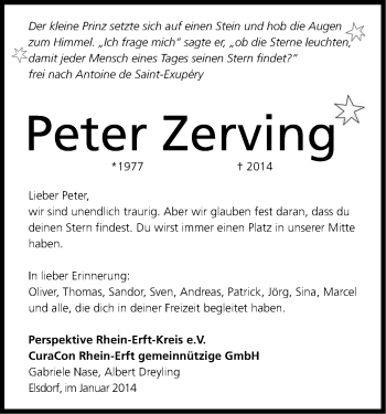 Anzeige von Peter Zerving von Kölner Stadt-Anzeiger / Kölnische Rundschau / Express