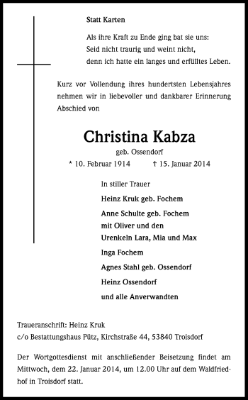 Anzeige von Christina Kabza von Kölner Stadt-Anzeiger / Kölnische Rundschau / Express