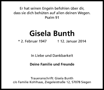 Anzeige von Gisela Bunth von Kölner Stadt-Anzeiger / Kölnische Rundschau / Express