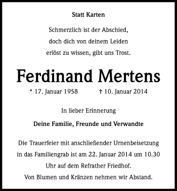Anzeige von Ferdinand Mertens von Kölner Stadt-Anzeiger / Kölnische Rundschau / Express