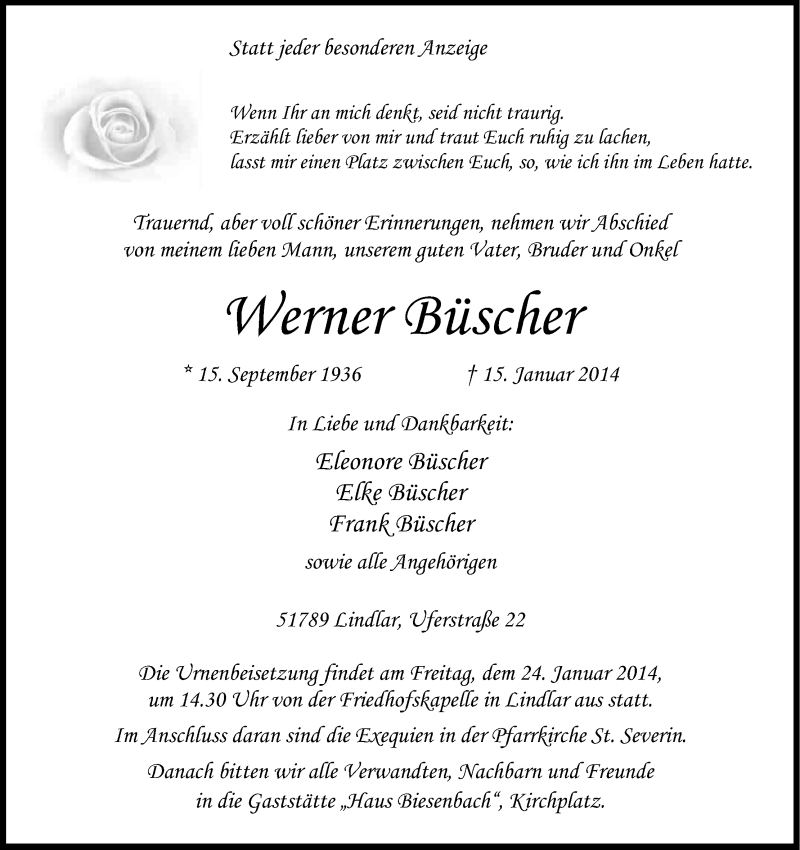  Traueranzeige für Werner Büscher vom 18.01.2014 aus Kölner Stadt-Anzeiger / Kölnische Rundschau / Express