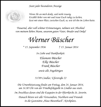 Anzeige von Werner Büscher von Kölner Stadt-Anzeiger / Kölnische Rundschau / Express