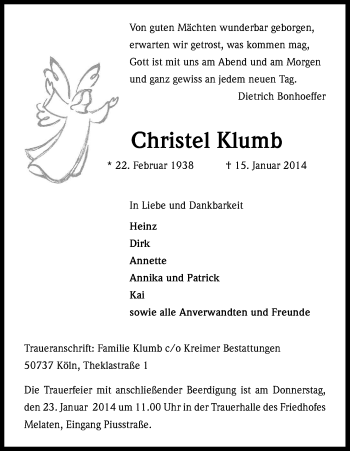 Anzeige von Christel Klumb von Kölner Stadt-Anzeiger / Kölnische Rundschau / Express