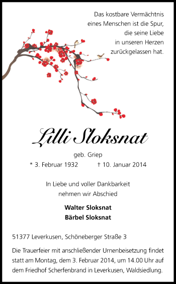 Anzeige von Lilli Sloksnat von Kölner Stadt-Anzeiger / Kölnische Rundschau / Express