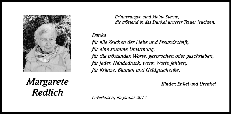  Traueranzeige für Margarete Redlich vom 18.01.2014 aus Kölner Stadt-Anzeiger / Kölnische Rundschau / Express