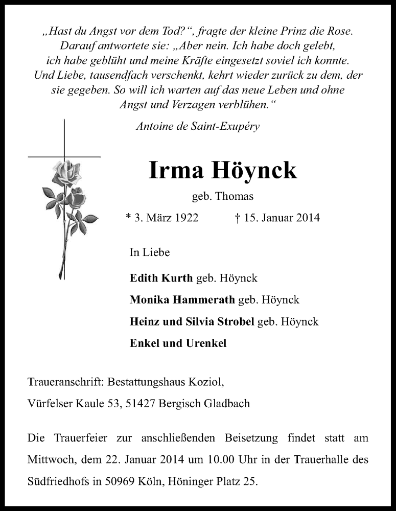  Traueranzeige für Irma Höynck vom 18.01.2014 aus Kölner Stadt-Anzeiger / Kölnische Rundschau / Express