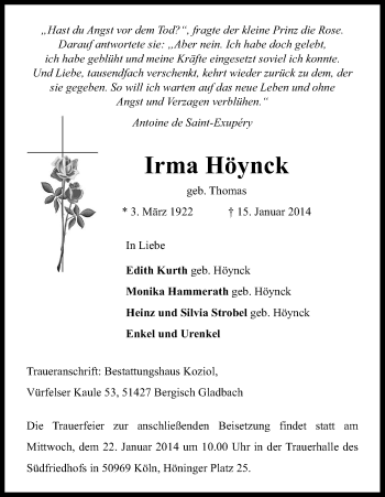 Anzeige von Irma Höynck von Kölner Stadt-Anzeiger / Kölnische Rundschau / Express