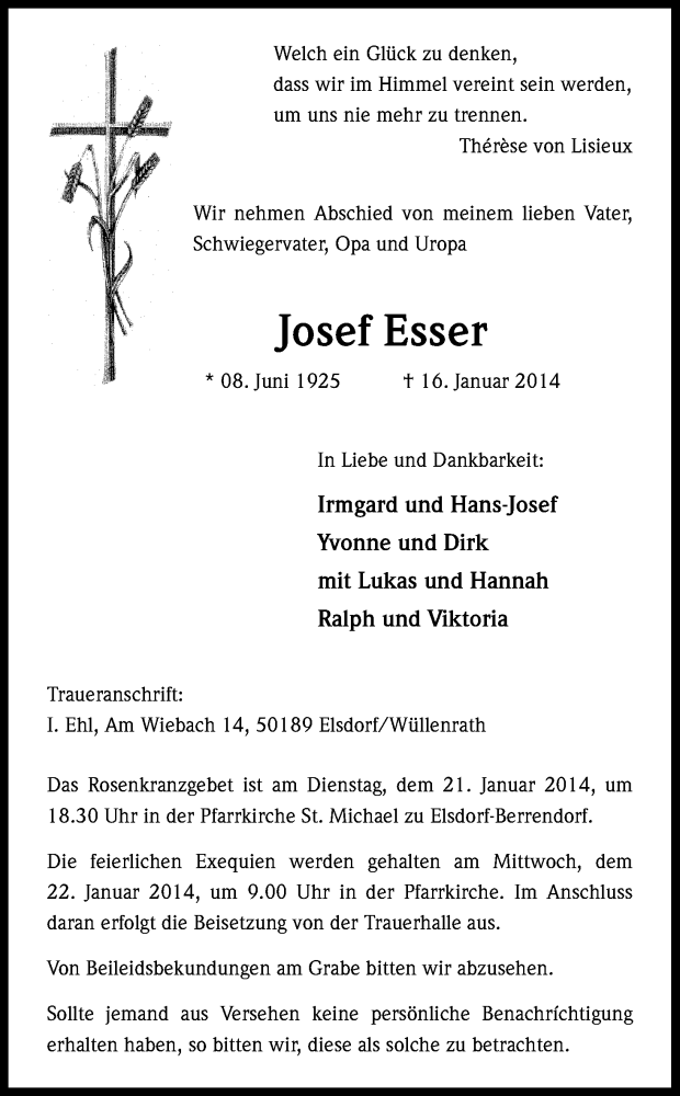  Traueranzeige für Josef Esser vom 18.01.2014 aus Kölner Stadt-Anzeiger / Kölnische Rundschau / Express