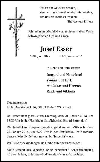 Anzeige von Josef Esser von Kölner Stadt-Anzeiger / Kölnische Rundschau / Express